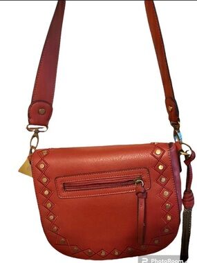 Red Leather Crossbody Bag with Stud Accents